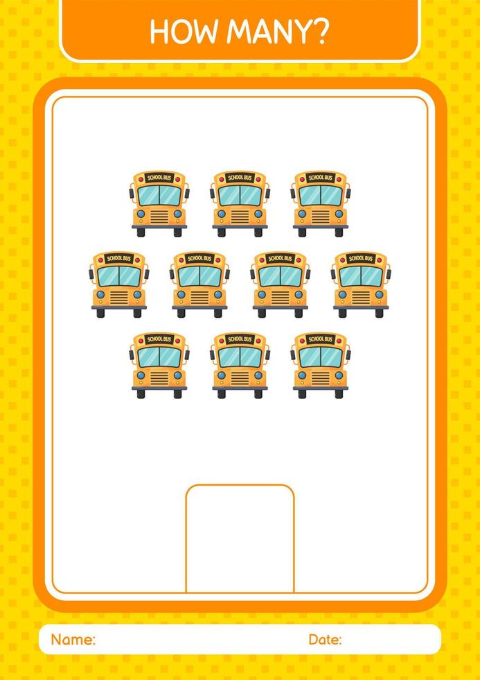 How many counting game with school bus. worksheet for preschool kids, kids activity sheet vector