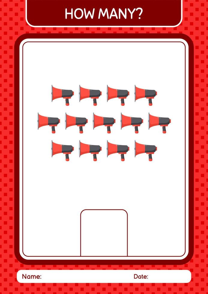 How many counting game with horn loudspeakers. worksheet for preschool kids, kids activity sheet vector