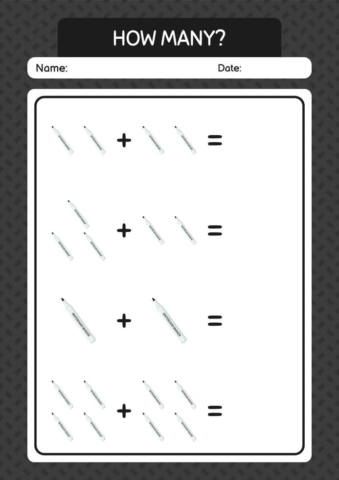 How many counting game with whiteboard marker. worksheet for preschool kids, kids activity sheet vector