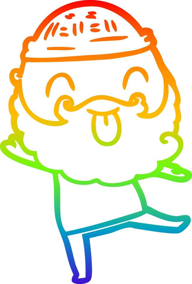 rainbow gradient line drawing dancing man with beard sticking out tongue vector