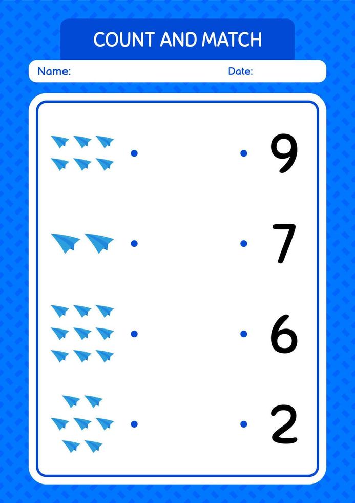 Count and match game with paper plane. worksheet for preschool kids, kids activity sheet vector