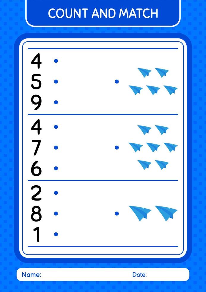 Count and match game with paper plane. worksheet for preschool kids, kids activity sheet vector