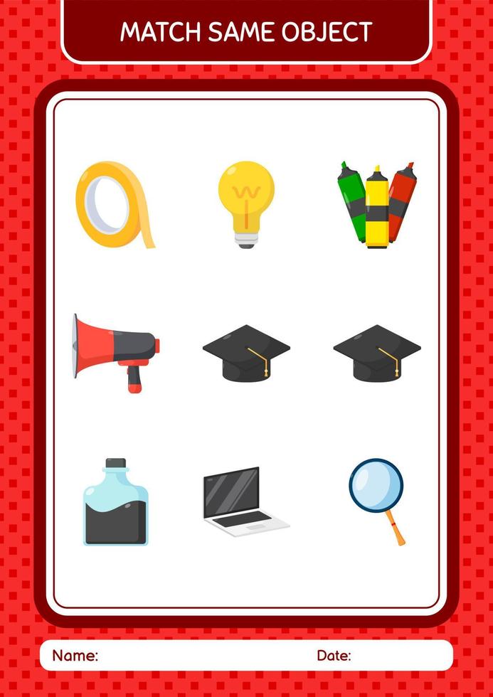Match with same object game graduation cap. worksheet for preschool kids, kids activity sheet vector