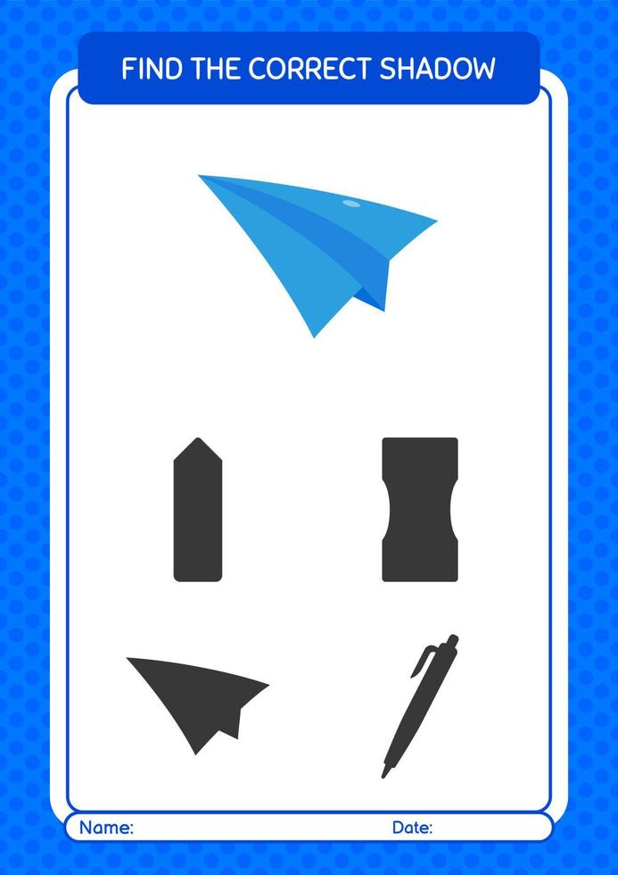 Find the correct shadows game with paper plane. worksheet for preschool kids, kids activity sheet vector