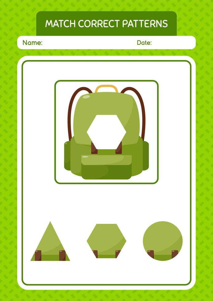 Match pattern game with backpack. worksheet for preschool kids, kids activity sheet vector