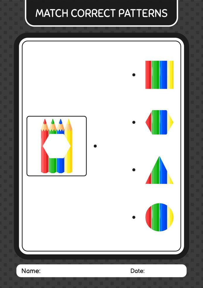 juego de patrón de coincidencia con lápiz de color. hoja de trabajo para niños en edad preescolar, hoja de actividades para niños vector