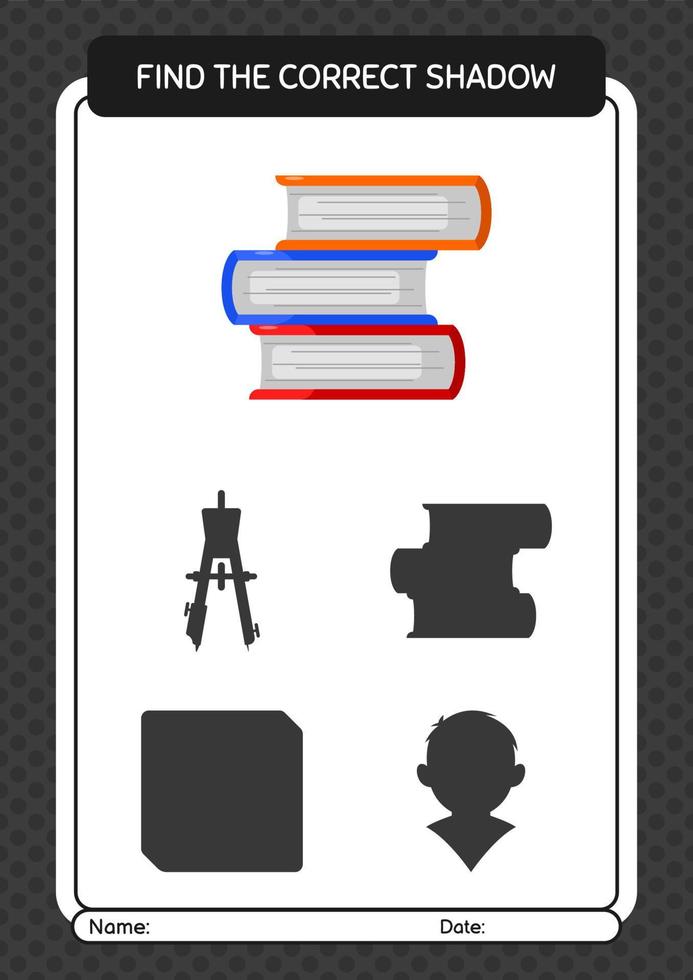 Find the correct shadows game with book. worksheet for preschool kids, kids activity sheet vector