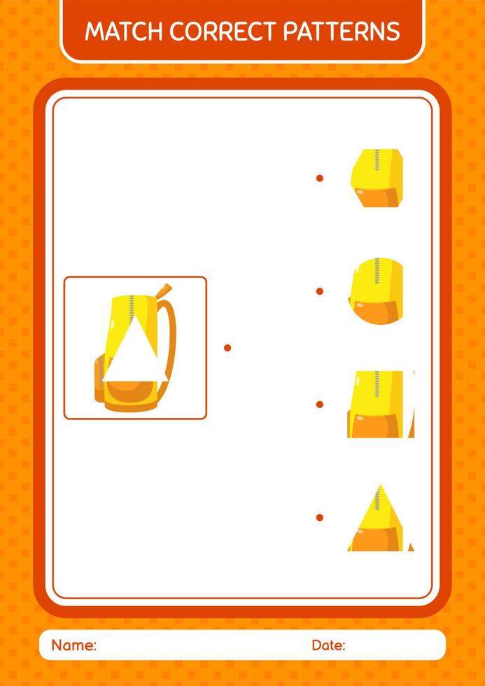 Match pattern game with backpack. worksheet for preschool kids, kids activity sheet vector