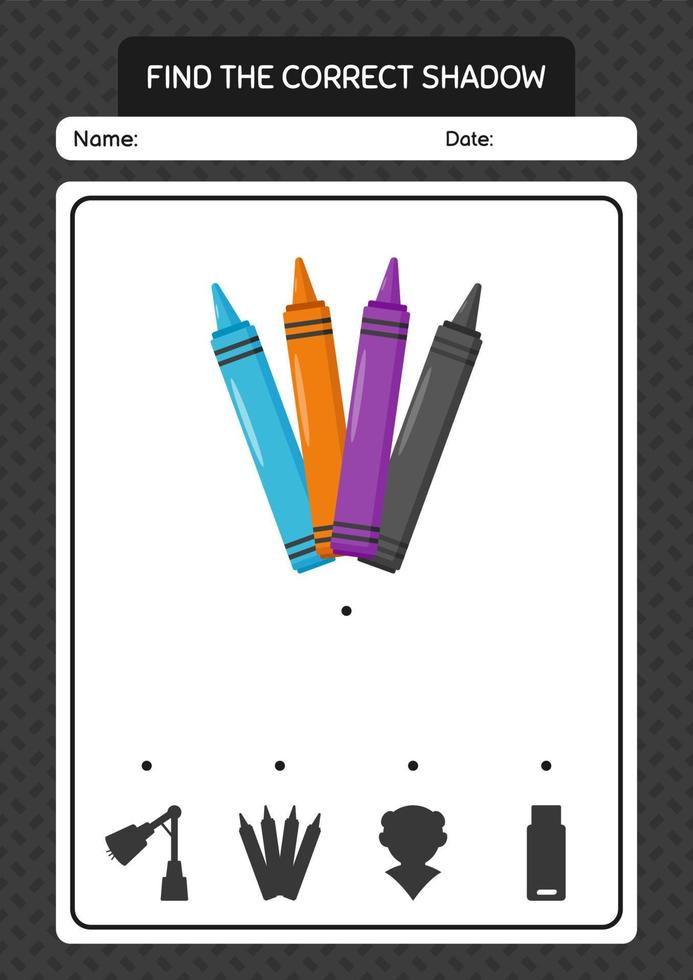 Find the correct shadows game with crayons. worksheet for preschool kids, kids activity sheet vector