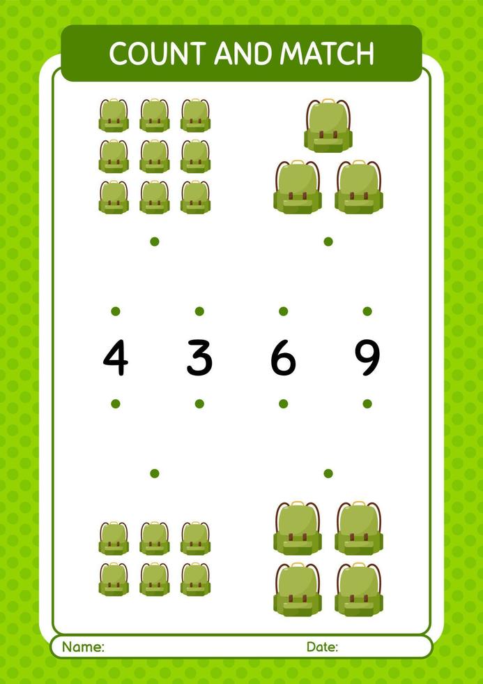Count and match game with backpack. worksheet for preschool kids, kids activity sheet vector