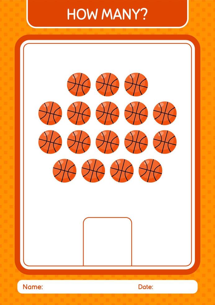 How many counting game with basketball. worksheet for preschool kids, kids activity sheet vector
