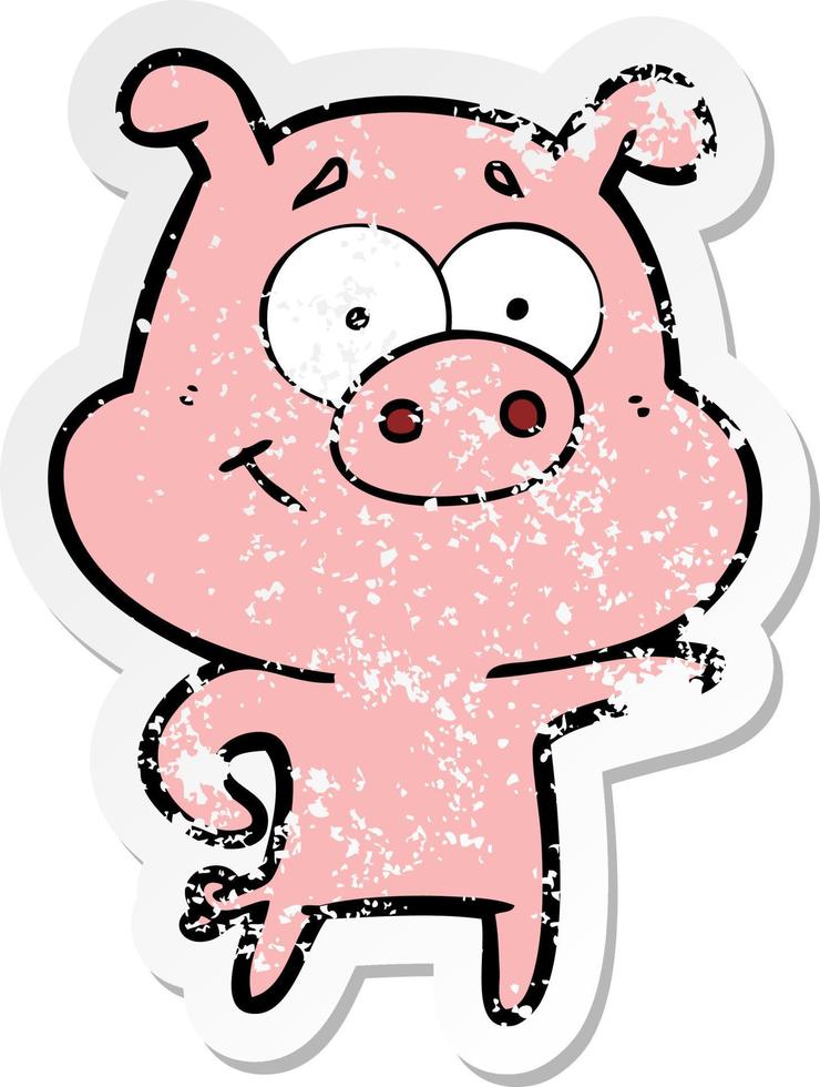 distressed sticker of a cartoon pig pointing vector