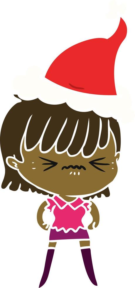 annoyed flat color illustration of a girl wearing santa hat vector
