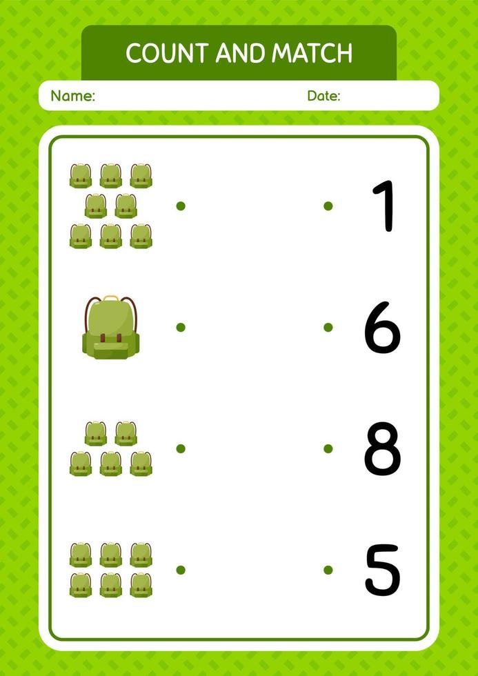 Count and match game with backpack. worksheet for preschool kids, kids activity sheet vector