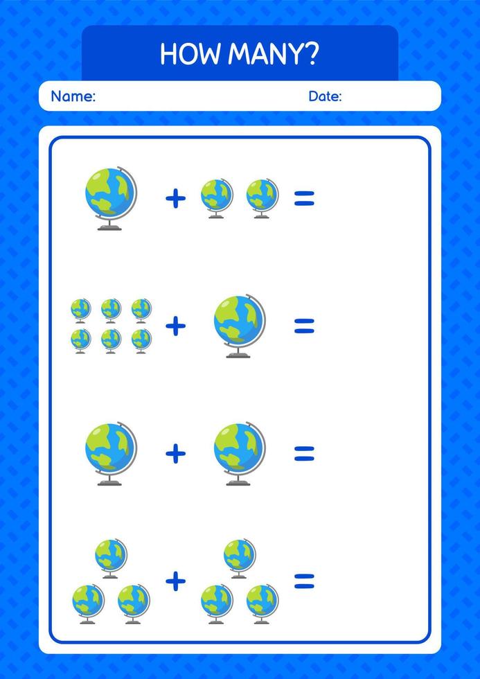 How many counting game with globe. worksheet for preschool kids, kids activity sheet vector
