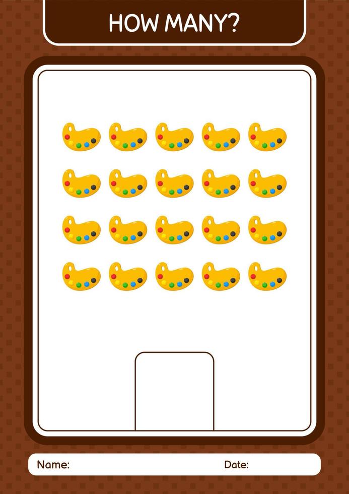 How many counting game with paint palette. worksheet for preschool kids, kids activity sheet vector