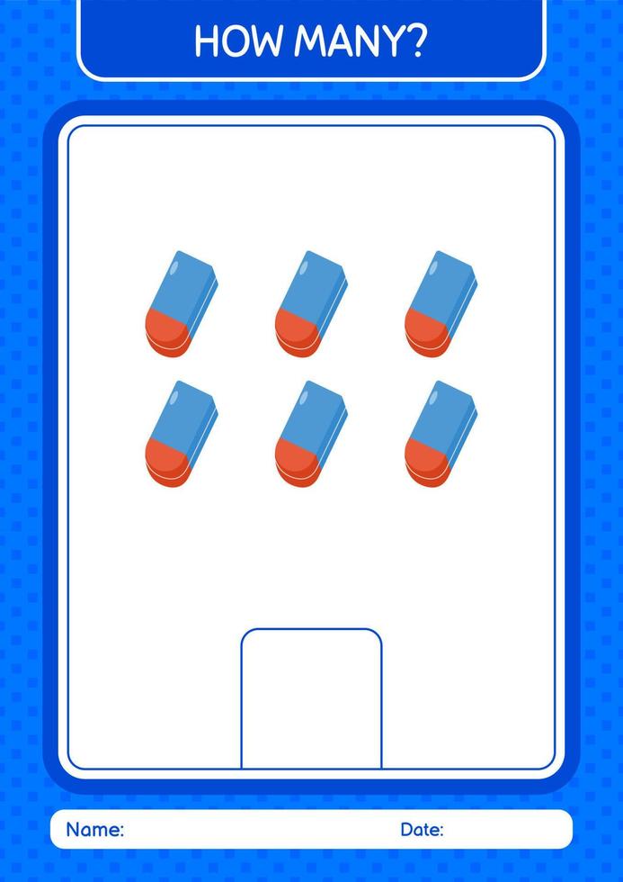 How many counting game with rubber eraser. worksheet for preschool kids, kids activity sheet vector