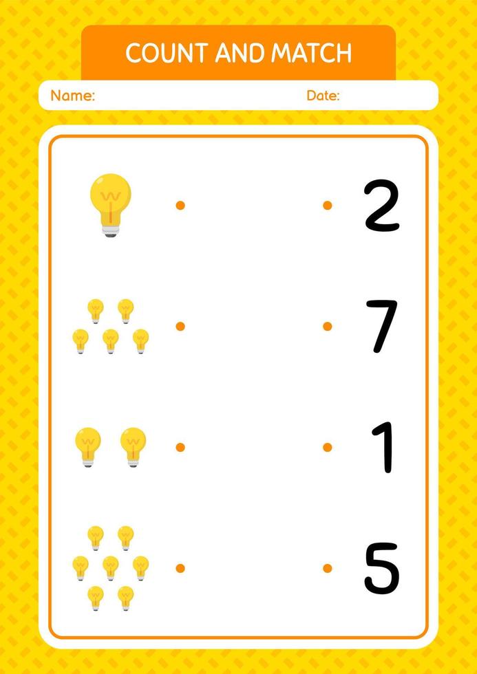 Count and match game with light bulb. worksheet for preschool kids, kids activity sheet vector