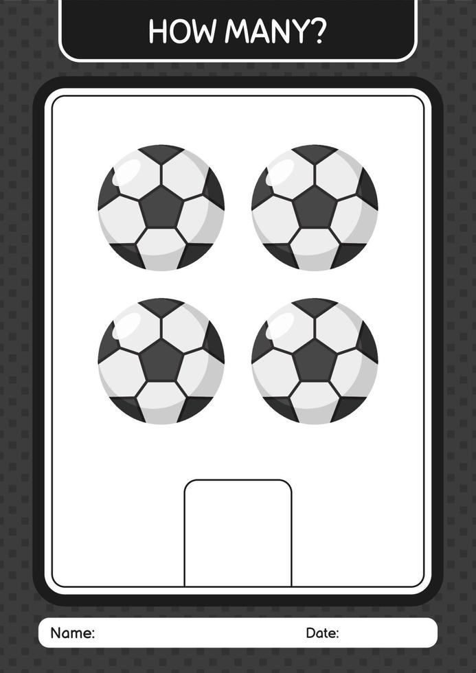 How many counting game with soccerball. worksheet for preschool kids, kids activity sheet vector
