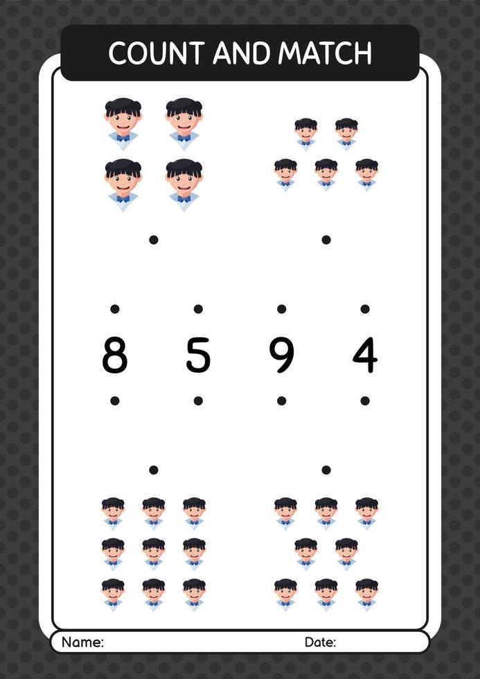 Count and match game with girl. worksheet for preschool kids, kids activity sheet vector