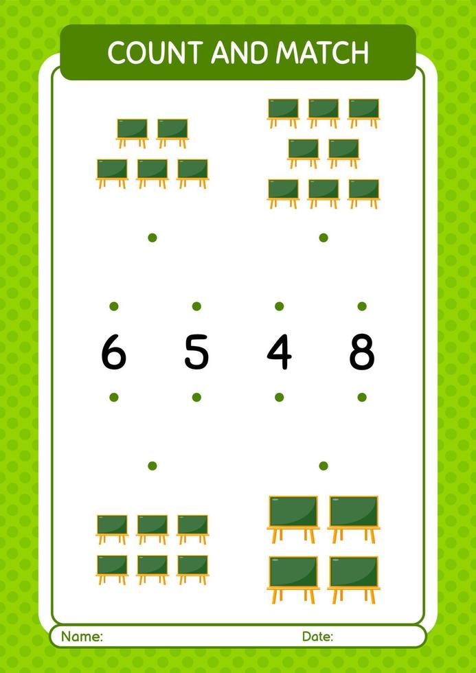 Count and match game with chalkboard. worksheet for preschool kids, kids activity sheet vector
