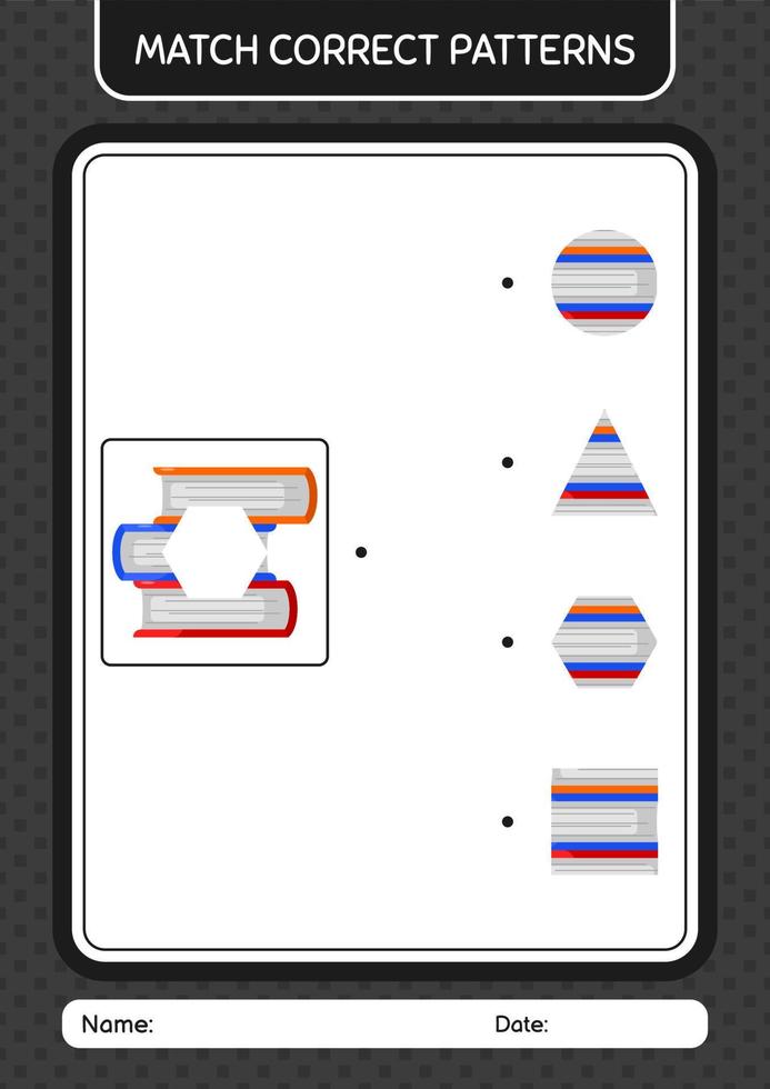 Match pattern game with book. worksheet for preschool kids, kids activity sheet vector
