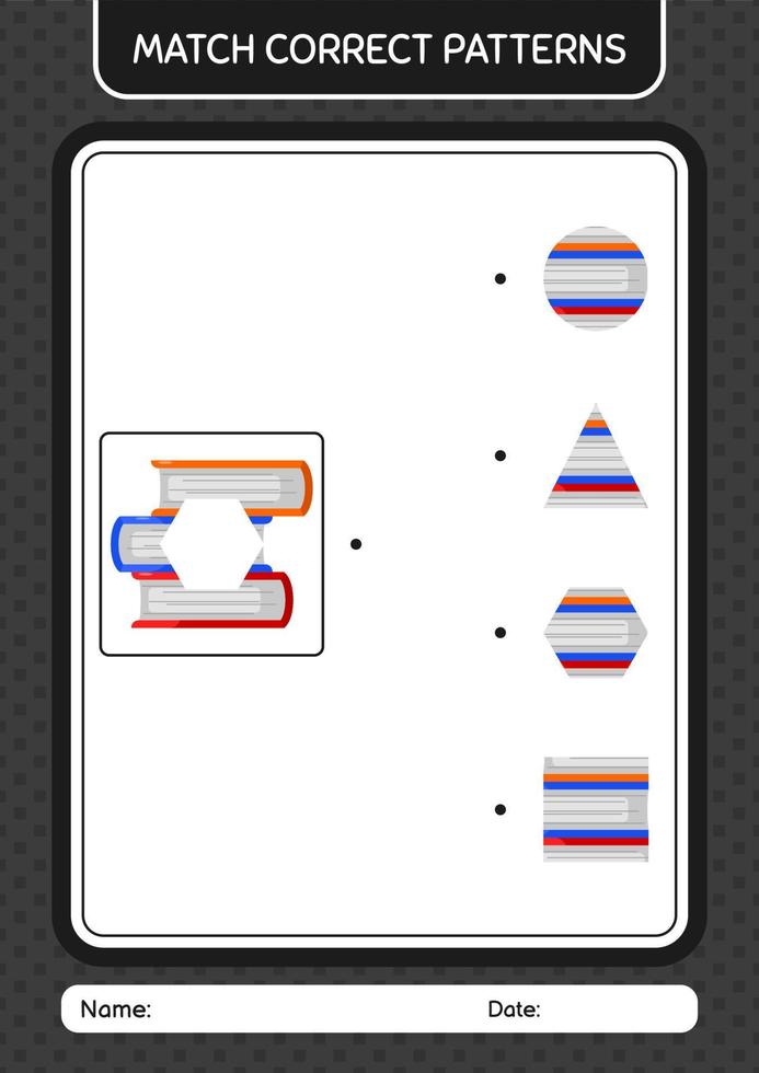 juego de patrón de coincidencia con libro. hoja de trabajo para niños en edad preescolar, hoja de actividades para niños vector