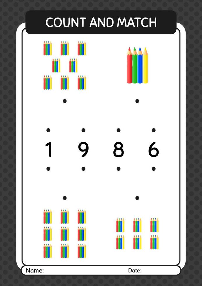 juego de contar y combinar con lápiz de color. hoja de trabajo para niños en edad preescolar, hoja de actividades para niños vector