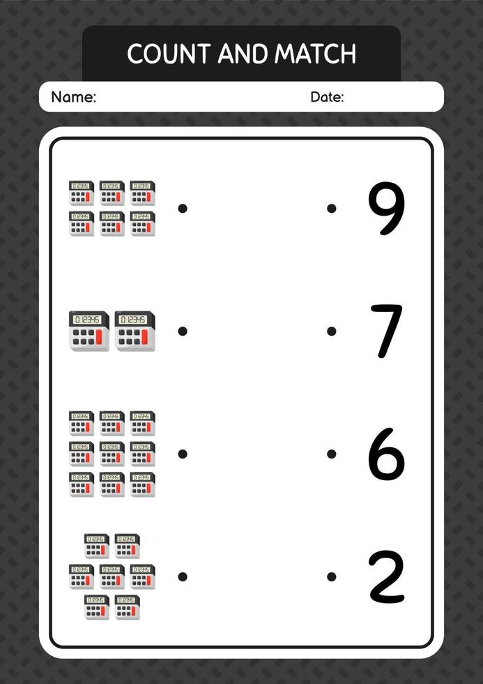 Count and match game with calculator. worksheet for preschool kids, kids activity sheet vector