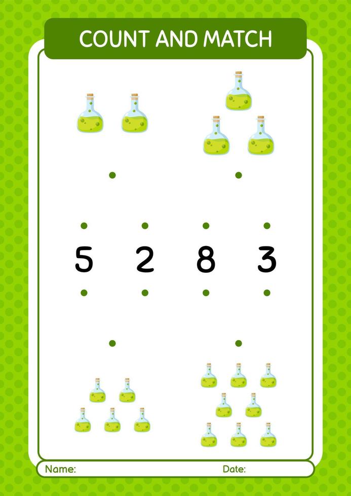 Count and match game with chemical bottle. worksheet for preschool kids, kids activity sheet vector