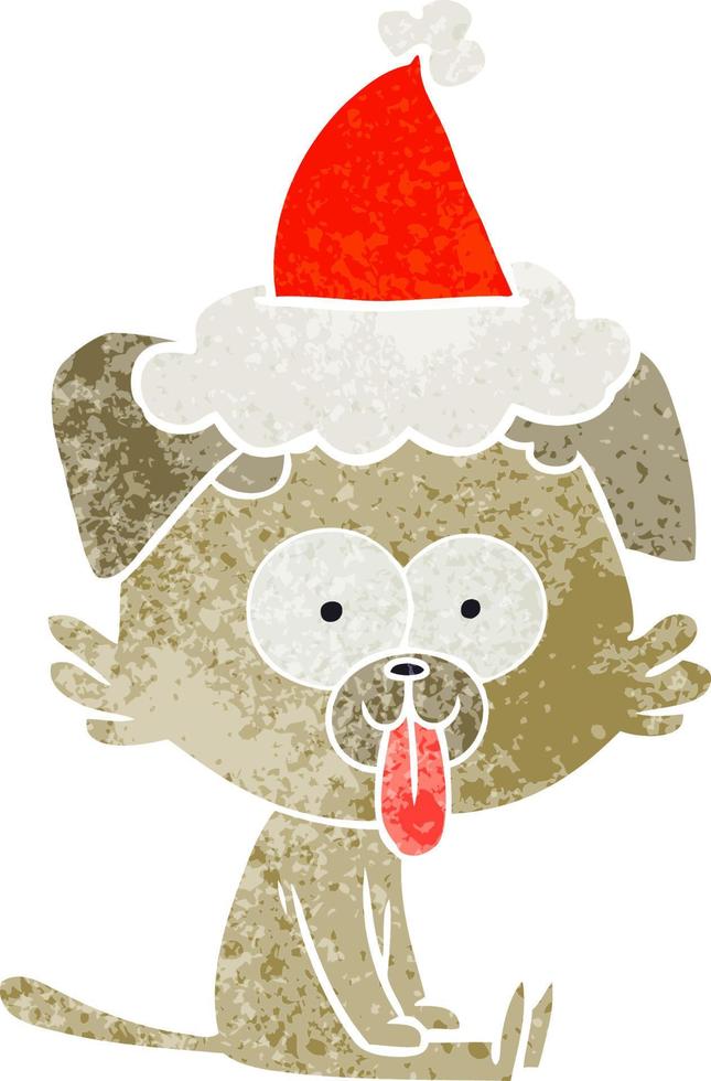retro cartoon of a sitting dog with tongue sticking out wearing santa hat vector