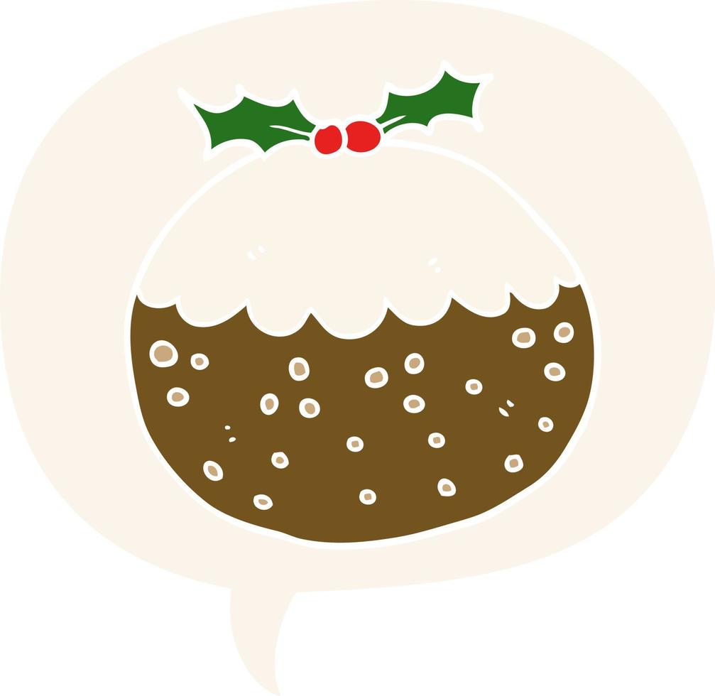 cartoon christmas pudding and speech bubble in retro style vector