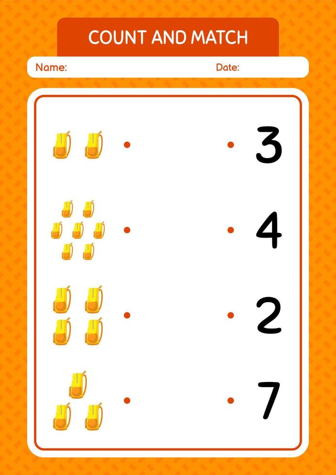 Count and match game with backpack. worksheet for preschool kids, kids activity sheet vector