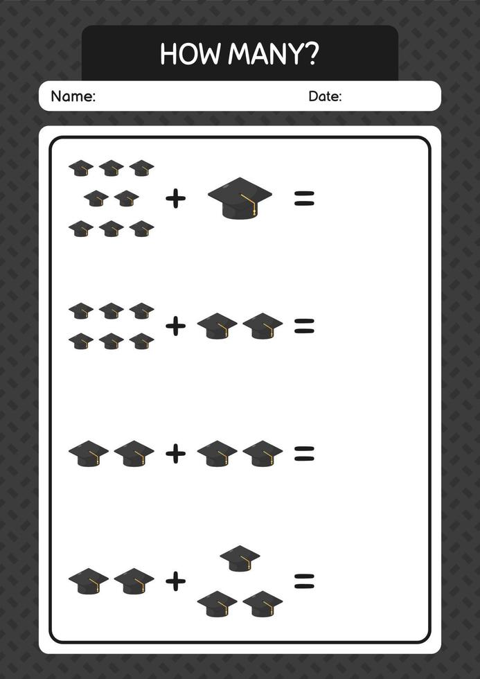 How many counting game with graduation cap. worksheet for preschool kids, kids activity sheet vector