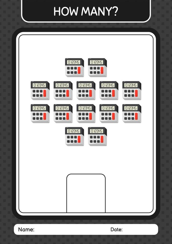 How many counting game with calculator. worksheet for preschool kids, kids activity sheet vector