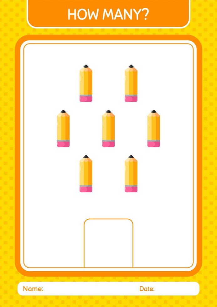 How many counting game with pencil. worksheet for preschool kids, kids activity sheet vector