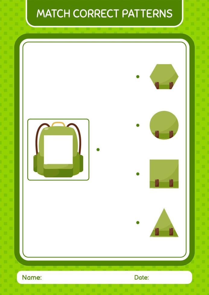 Match pattern game with backpack. worksheet for preschool kids, kids activity sheet vector