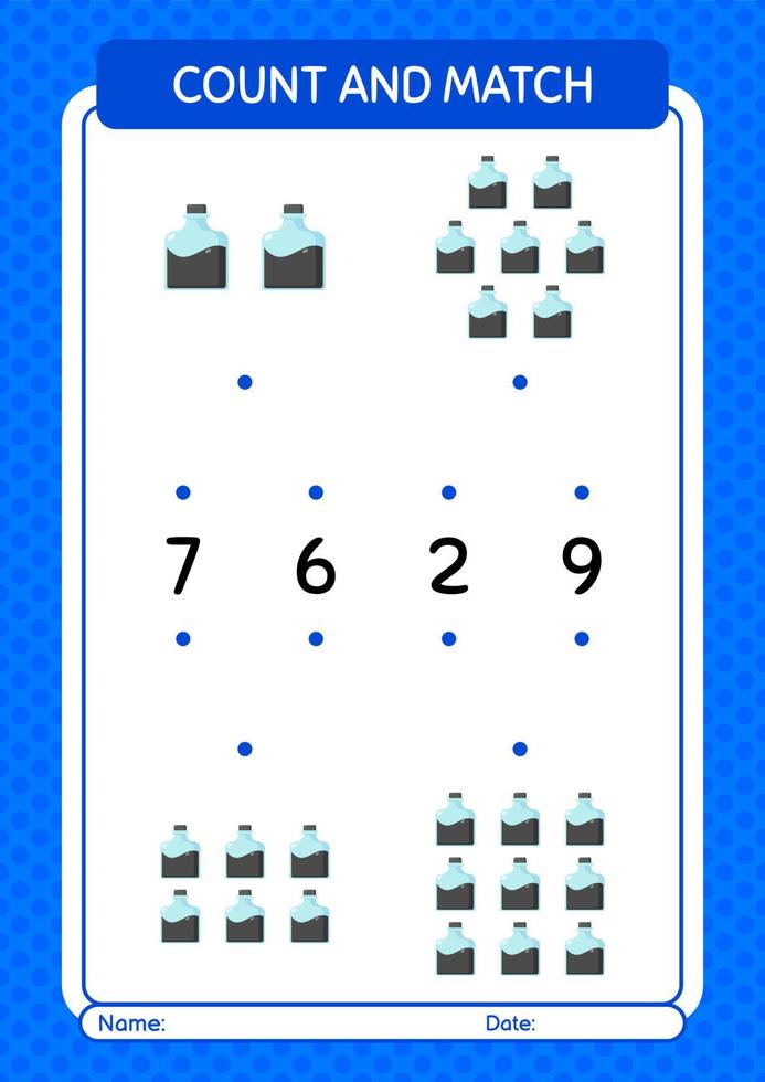Count and match game with ink bottle. worksheet for preschool kids, kids activity sheet vector
