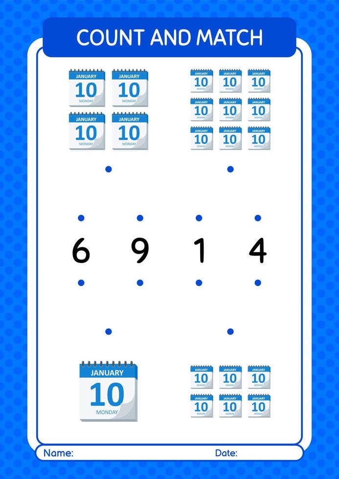 Count and match game with calendar. worksheet for preschool kids, kids activity sheet vector