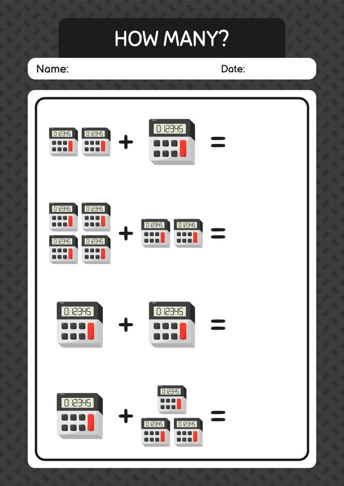 How many counting game with calculator. worksheet for preschool kids, kids activity sheet vector