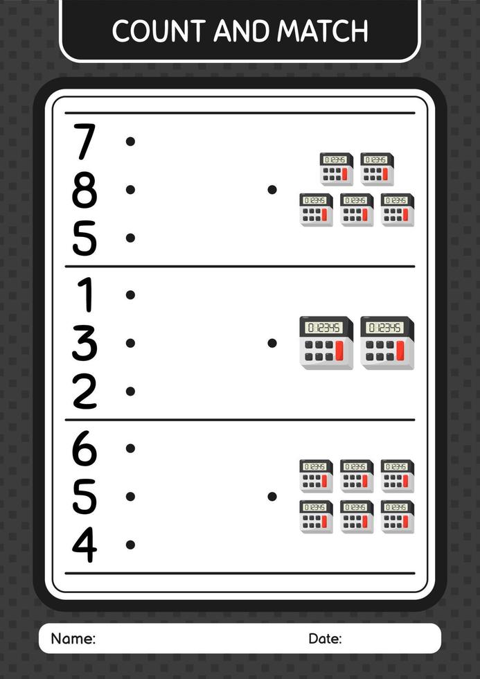 Count and match game with calculator. worksheet for preschool kids, kids activity sheet vector