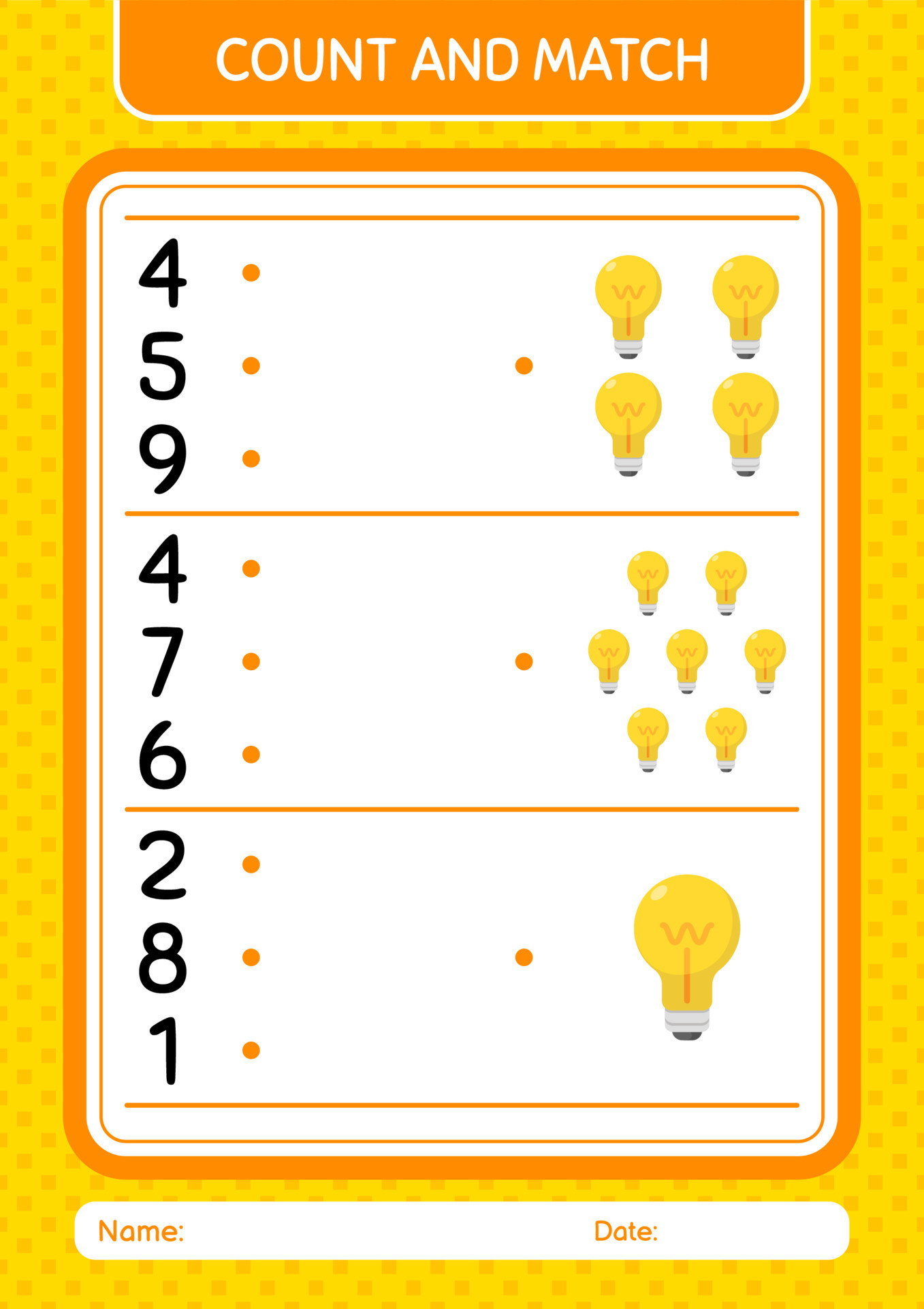 Count and match game with light bulb. worksheet for preschool kids