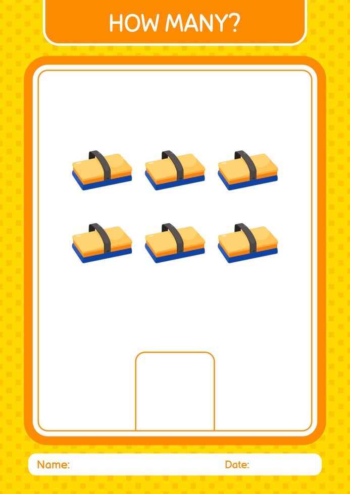 How many counting game with chalkboard eraser. worksheet for preschool kids, kids activity sheet vector