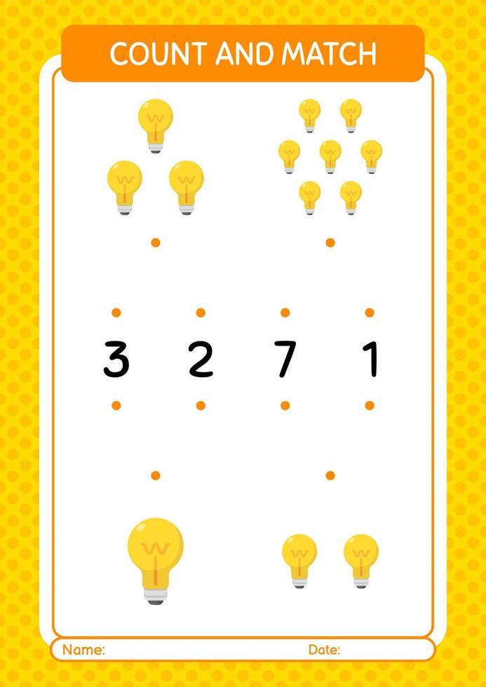 Count and match game with light bulb. worksheet for preschool kids, kids activity sheet vector