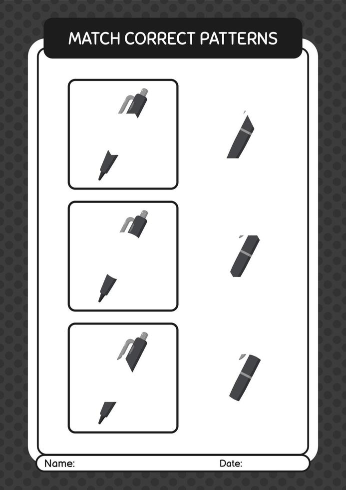 Match pattern game with pen. worksheet for preschool kids, kids activity sheet vector
