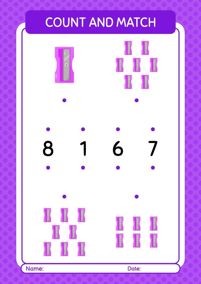 Count and match game with pencil sharpener. worksheet for preschool kids, kids activity sheet vector