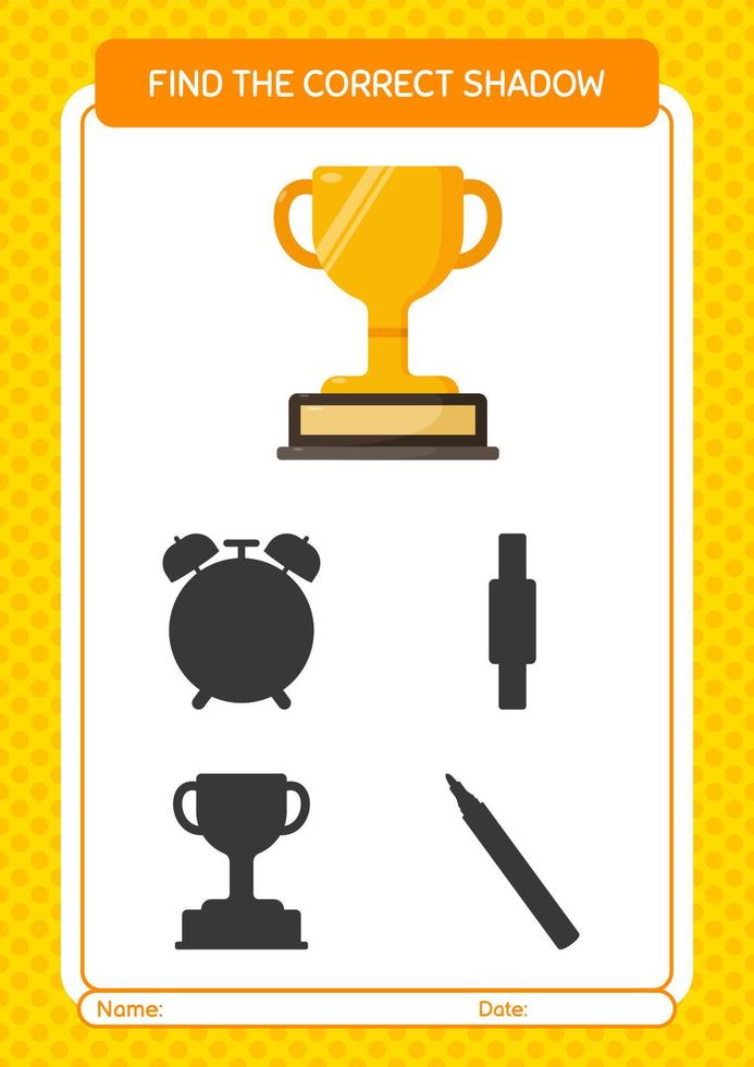 Find the correct shadows game with trophy. worksheet for preschool kids, kids activity sheet vector