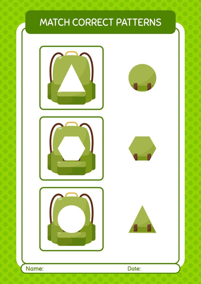 Match pattern game with backpack. worksheet for preschool kids, kids activity sheet vector