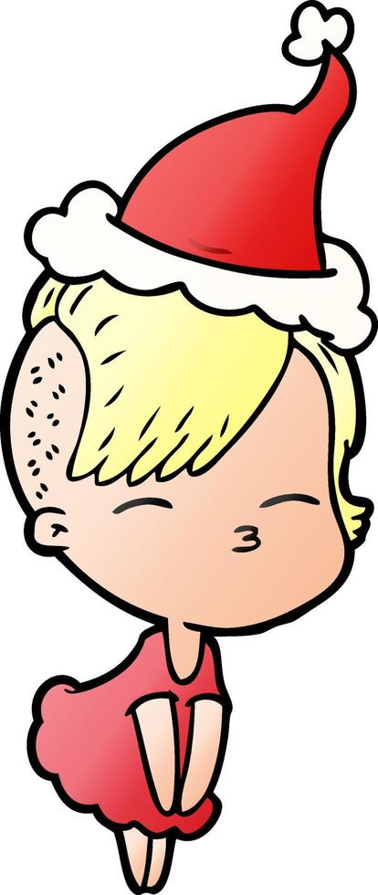 gradient cartoon of a squinting girl in dress wearing santa hat vector