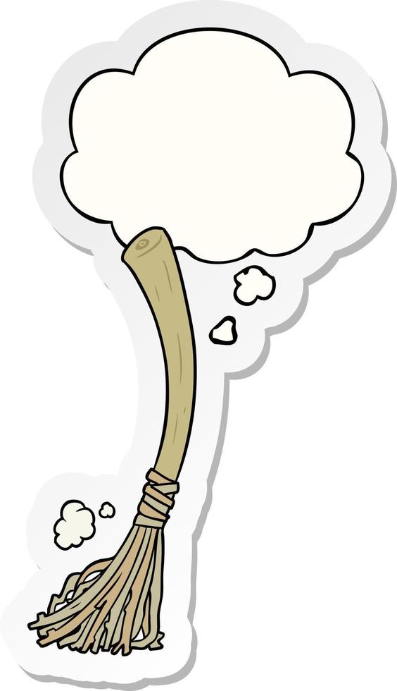 cartoon magic broom and thought bubble as a printed sticker vector